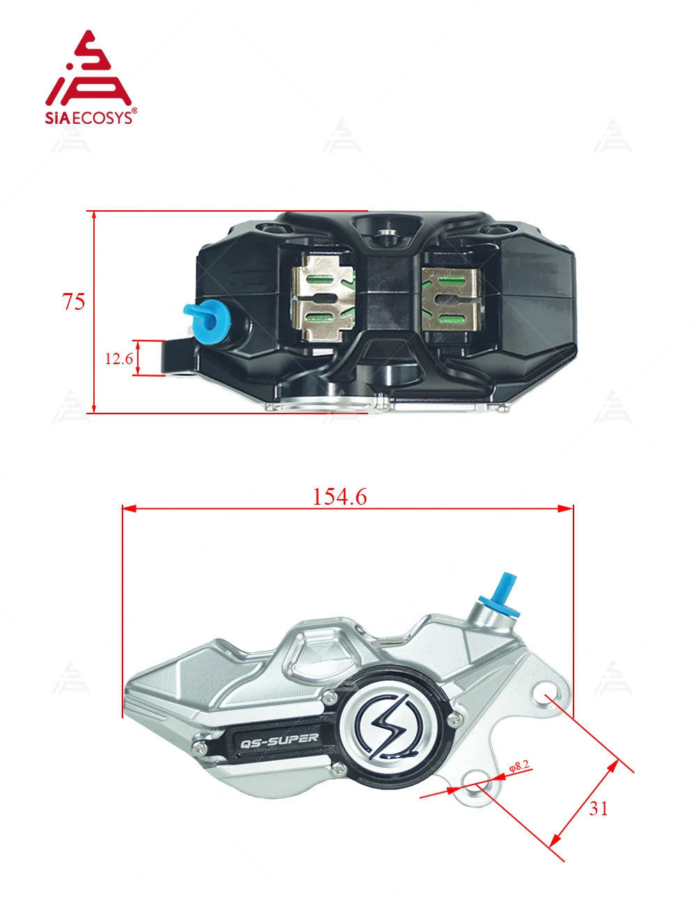 Forged Front Brake Caliper 4 Piston - ชุดคาลิปเปอร์เบรกอะลูมิเนียมฟอร์จ 4 ลูกสูบ QS พร้อมจานระบายความร้อน สำหรับสกู๊ตเตอร์ไฟฟ้า/มอเตอร์ไซค์